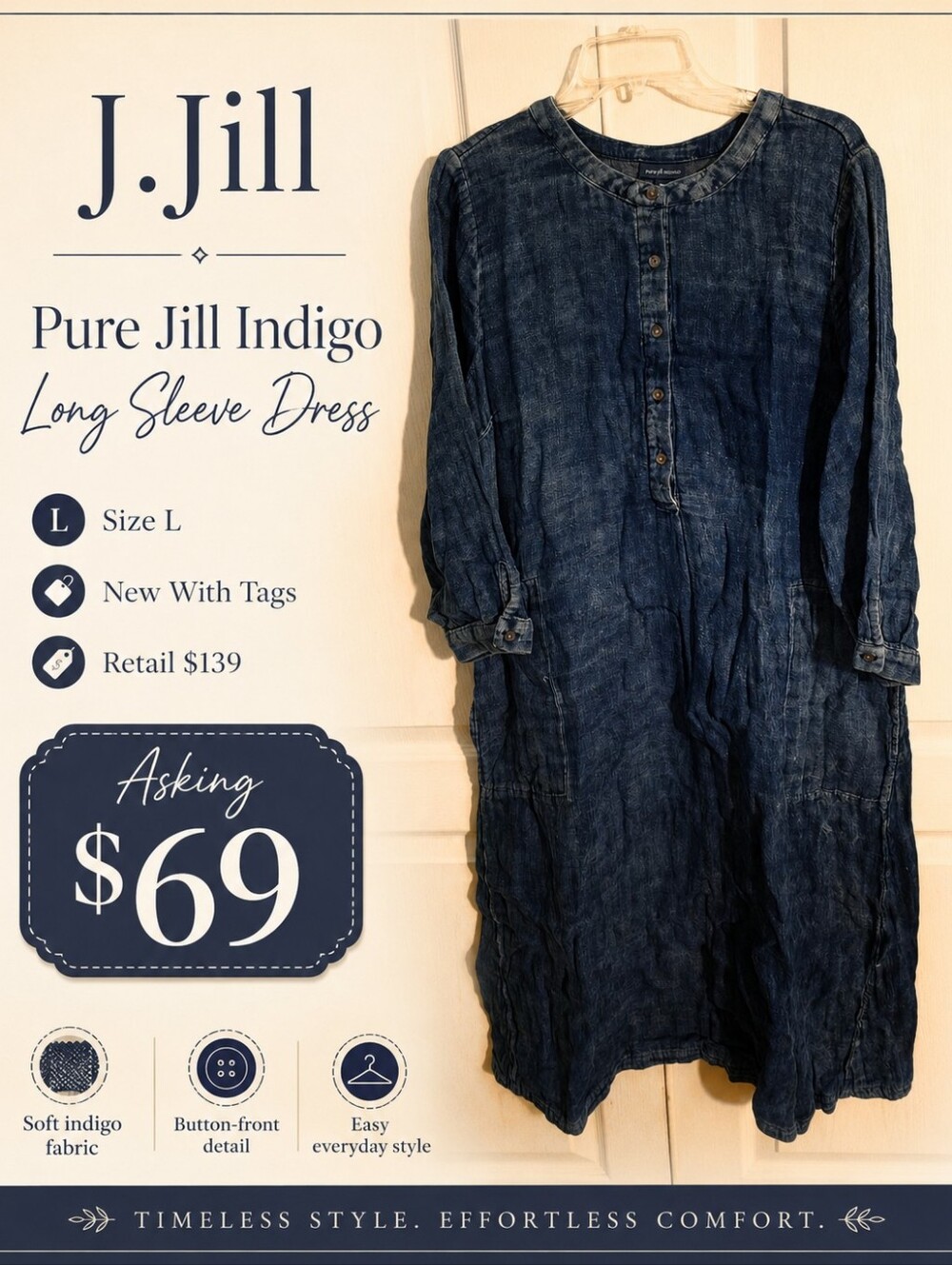 J. Crew Indigo Button-Front Long Sleeve Dress - Brand New